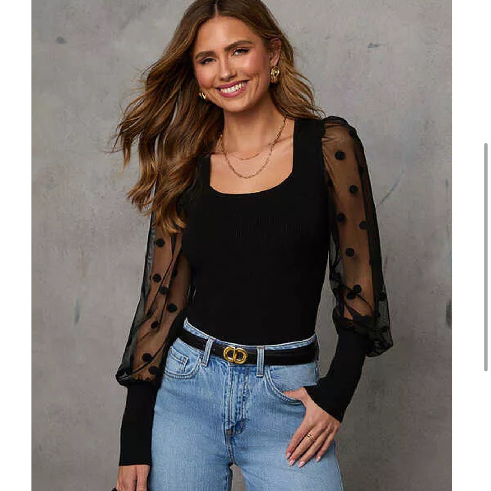 Vici Black Top with Sheer Polka Dot Sleeves